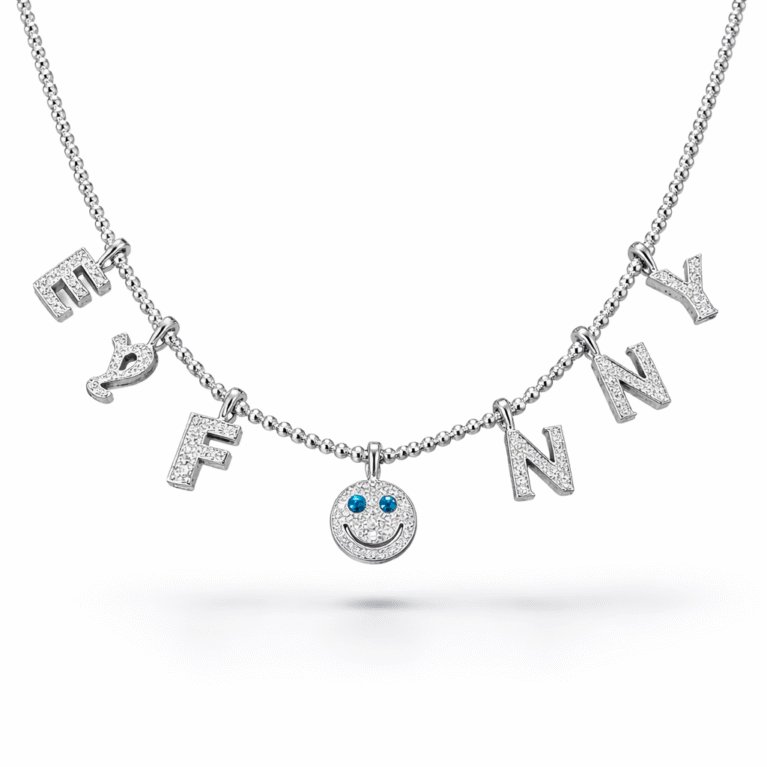 EYEFUNNY 18K Witgouden Collier – Smiley & Letter Charms